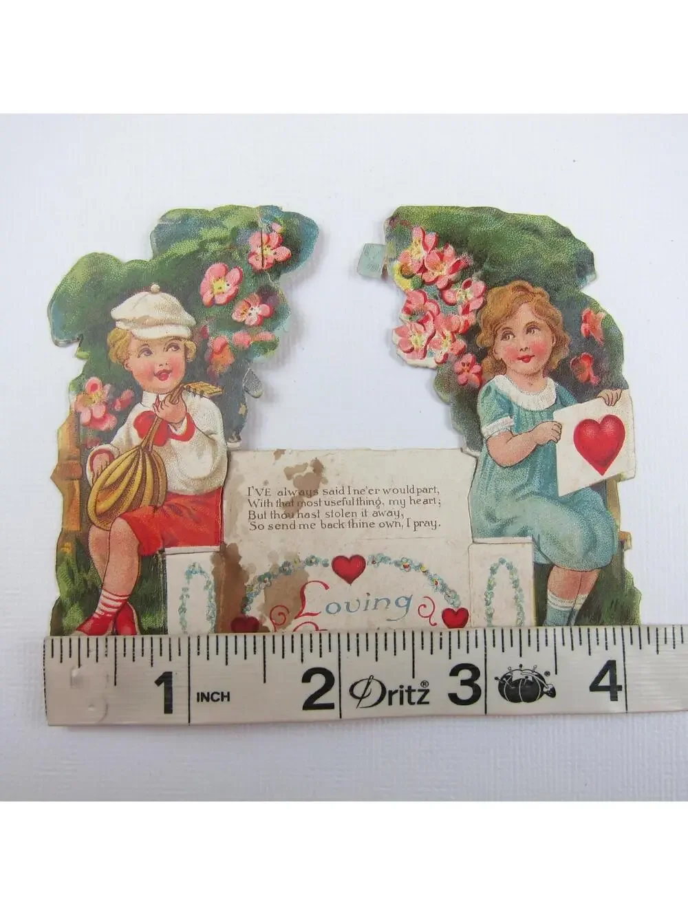 Vintage Valentine Blonde Boy Plays Gold Mandolin Girl Blue Dress Pink Flowers